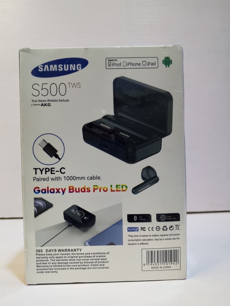 Samsung S500 TWS, wireless earbuds with charging dock.